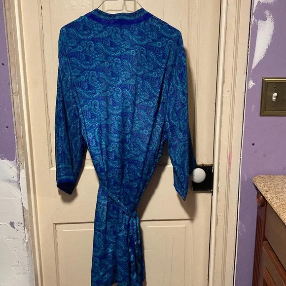 Silk Robe Paisley Turquoise Indigo Flowers With Belt - Picture 7 of 8